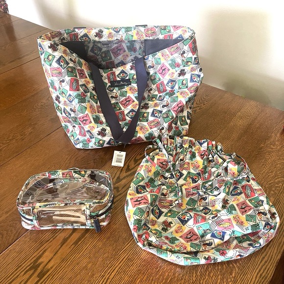 Vera Bradley Handbags - Vera Bradley Cuban Stamps Drawstring Family Tote and Mini Ditty Travel Set NWT